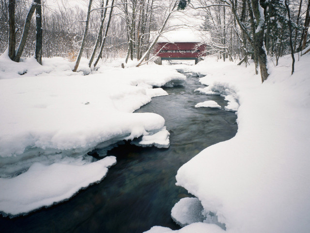 Stream snow forest red bridge #2 free wallpaper for desktop - medium preview image