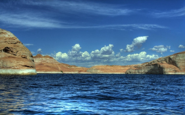 Water rocks blue sky clouds free wallpaper for desktop - medium preview image