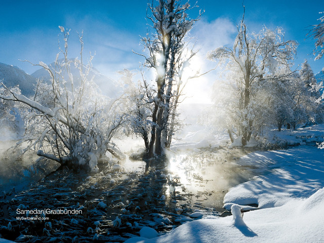 River snow trees blue sky #2 free wallpaper for desktop - medium preview image
