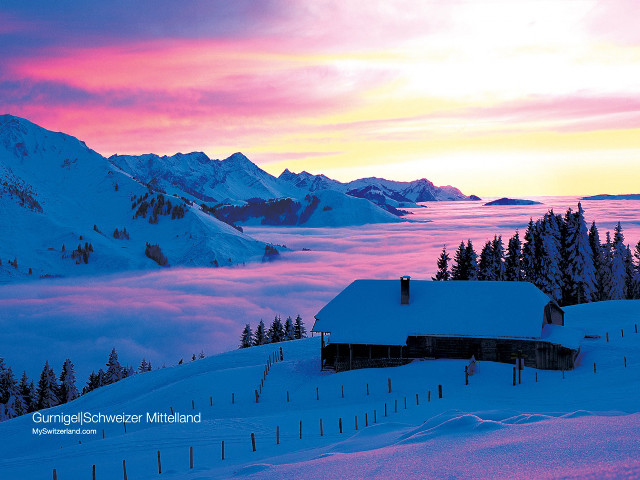 Snowy mountain house pink sky #2 free wallpaper for desktop - medium preview image