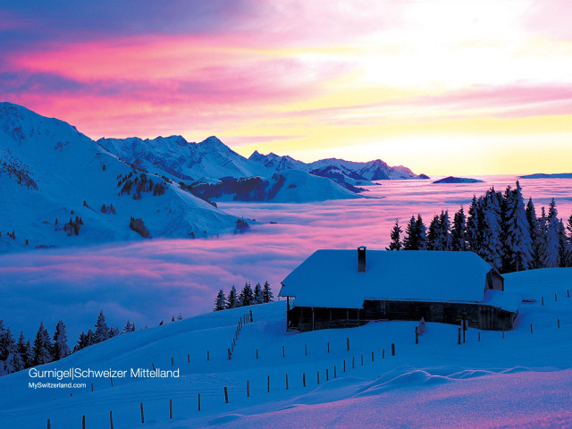 Snowy mountain house pink sky #3 free wallpaper for desktop - medium preview image
