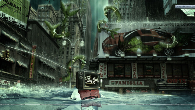 City street sign buildings digital free wallpaper for desktop - medium preview image