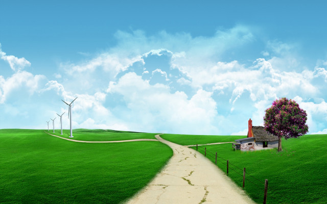House hill path windmill scenery #2 free wallpaper for desktop - medium preview image