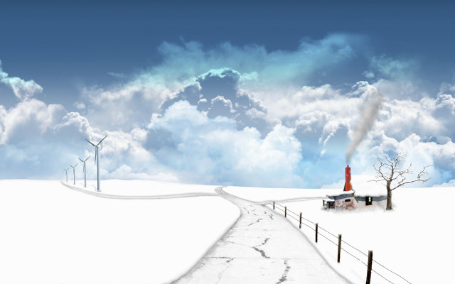 Snowy landscape road windmills house free wallpaper for desktop - medium preview image