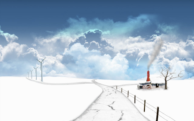 Snowy landscape road windmills house #4 free wallpaper for desktop - medium preview image