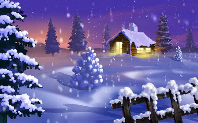 Snowy cabin fence night sky free wallpaper for desktop - medium preview image