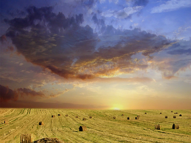 Hay bales sunset clouds field #2 free wallpaper for desktop - medium preview image