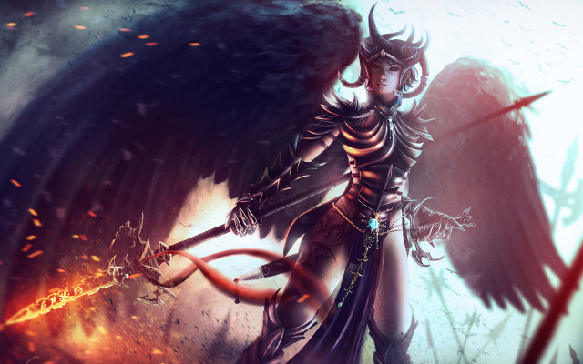 Woman sword wings fire hose free wallpaper for desktop - medium preview image