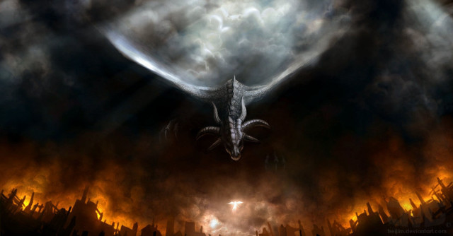 Dragon flying city cloudy smoke free wallpaper for desktop - medium preview image