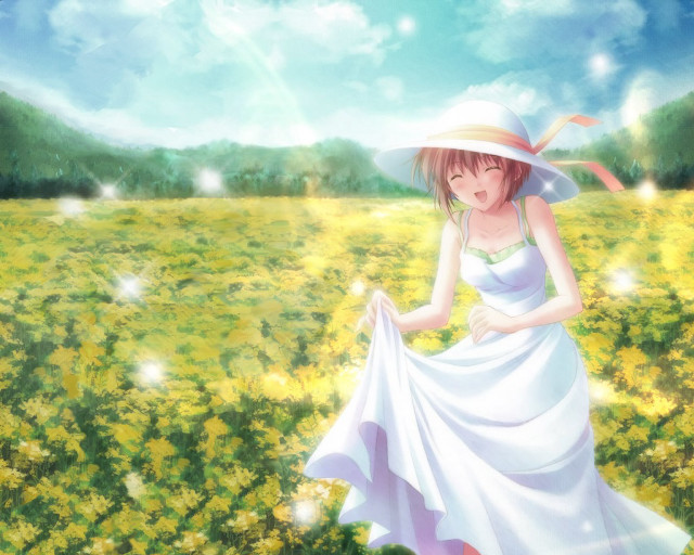 Woman white dress hat field free wallpaper for desktop - medium preview image