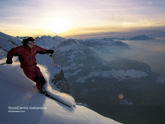 Red snow suit skiing sunset #2 free wallpaper for desktop - medium preview image
