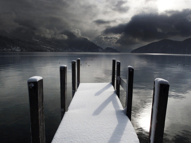 Snow covered dock lake mountains free wallpaper for desktop - medium preview image