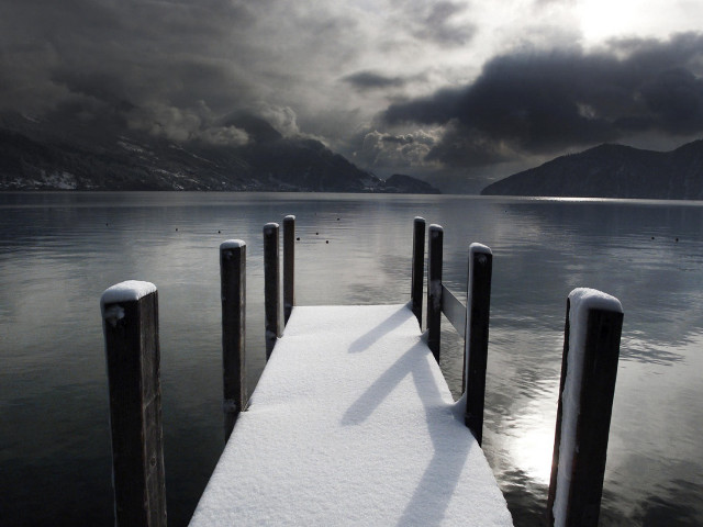Snow covered dock lake mountains #2 free wallpaper for desktop - medium preview image