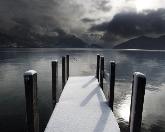Snow covered dock lake mountains #3 free wallpaper for desktop - medium preview image