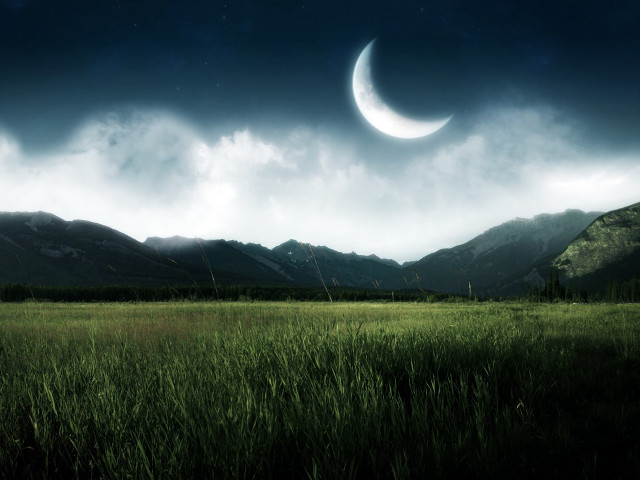 Crescent moon grassy field mountains #4 free wallpaper for desktop - medium preview image