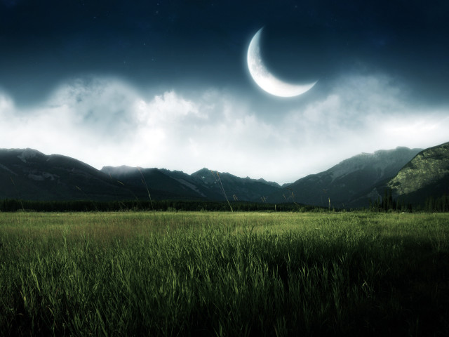 Crescent moon grassy field mountains #6 free wallpaper for desktop - medium preview image