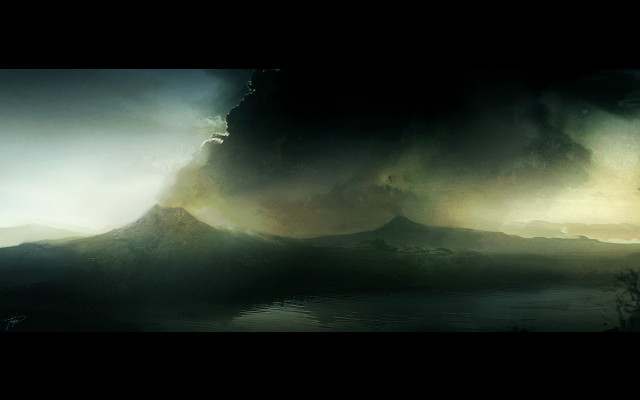 Mountain lake clouds sky painting free wallpaper for desktop - medium preview image