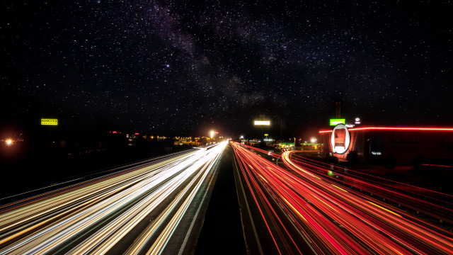 Night highway lights stars aurora free wallpaper for desktop - medium preview image