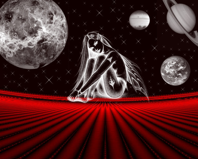 Woman sitting red surface planets free wallpaper for desktop - medium preview image