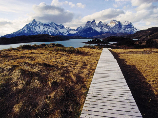 Wooden walkway lake mountains grass free wallpaper for desktop - medium preview image