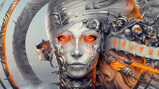 Woman orange eyes strange headdress free wallpaper for desktop - medium preview image