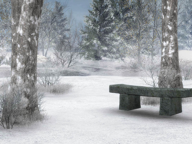 Snowy park bench trees mountains #2 free wallpaper for desktop - medium preview image