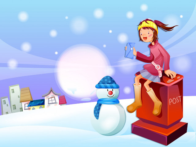 Girl sitting post snowman on free wallpaper for desktop - medium preview image