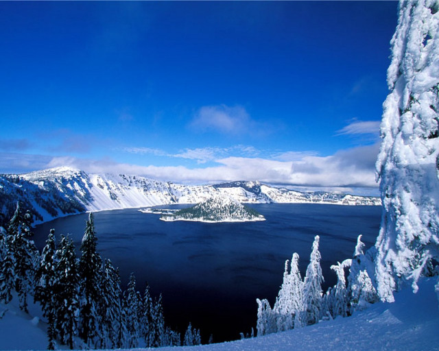 Lake snowy trees mountains blue free wallpaper for desktop - medium preview image