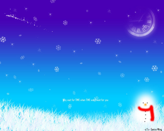 Snowman clock snow sky snowflakes free wallpaper for desktop - medium preview image