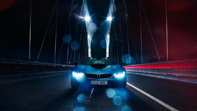 Blue car bridge night headlights free wallpaper for desktop - medium preview image
