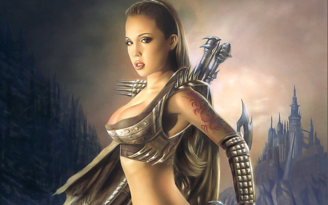 Futuristic woman sword outfit holding free wallpaper for desktop - medium preview image