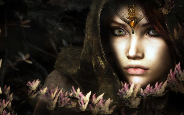 Woman hood flower hair surrounded free wallpaper for desktop - medium preview image