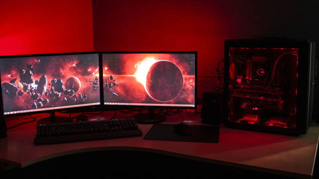 Computer desk two monitors keyboard free wallpaper for desktop - medium preview image