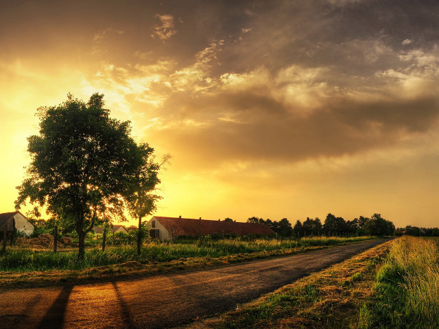 Dirt road tree barn sunset free wallpaper for desktop - medium preview image