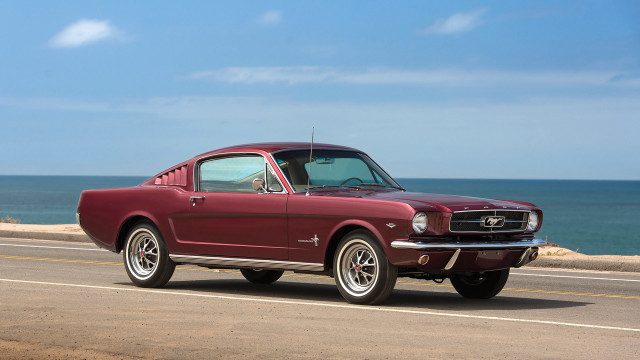 Red mustang car driving ocean free wallpaper for desktop - medium preview image