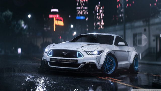 White mustang car city night free wallpaper for desktop - medium preview image