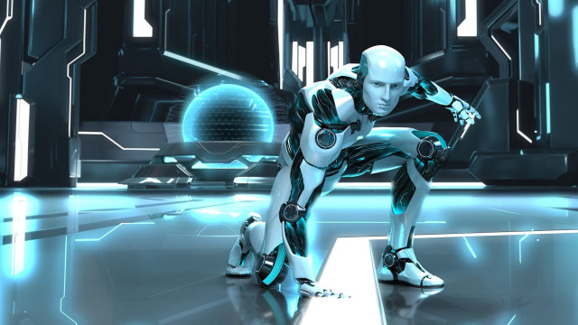 Robot kneeling futuristic setting blue free wallpaper for desktop - medium preview image