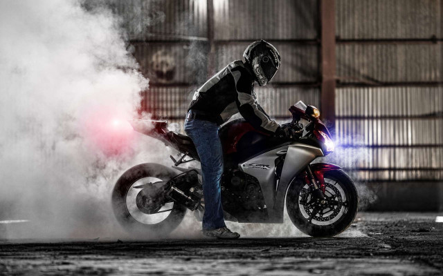 Man motorcycle street building smoke free wallpaper for desktop - medium preview image