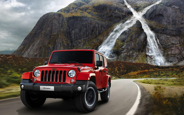 Red jeep waterfall mountain cloudy free wallpaper for desktop - medium preview image