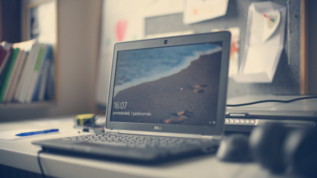 Laptop desk keyboard mouse bookshelf free wallpaper for desktop - medium preview image