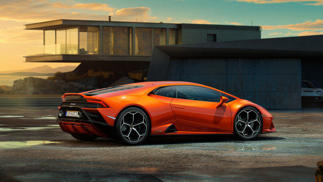 Orange sports car sunset parking free wallpaper for desktop - medium preview image
