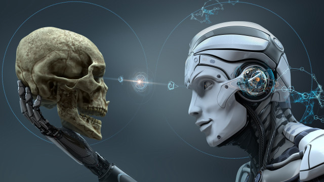 Robot skull lightbulb head holding free wallpaper for desktop - medium preview image