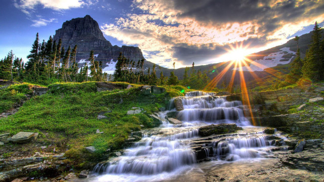Waterfall mountain sun clouds forest #5 free wallpaper for desktop - medium preview image