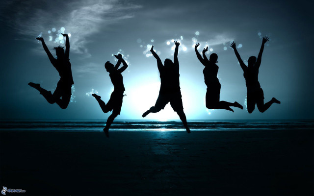 Beach night jumping group sunshine free wallpaper for desktop - medium preview image