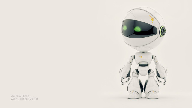 Robot green eyes white room free wallpaper for desktop - medium preview image