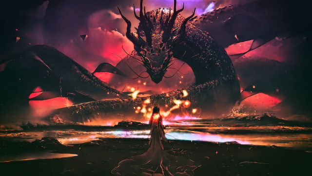 Woman dragon field fire water free wallpaper for desktop - medium preview image