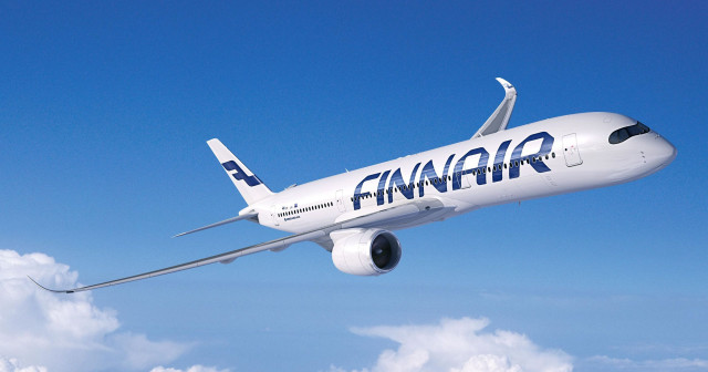 Finnair airplane flying sky clouds free wallpaper for desktop - medium preview image