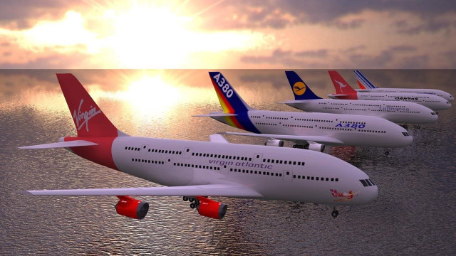 Four airplanes flying over ocean free wallpaper for desktop - medium preview image