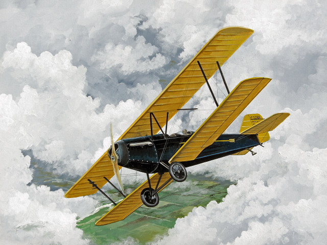 Yellow black biplane flying clouds free wallpaper for desktop - medium preview image