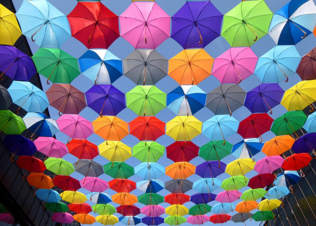 Colorful umbrellas hanging ceiling blue free wallpaper for desktop - medium preview image